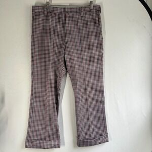 Vintage Spotwood Plaid Knit Trousers Red White Blue Cuffed Straight Leg Pants 34
